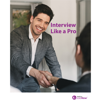 A photo of a man smiling and shaking hands with another person. Next to the man's face it says in purple Interview Like a Pro. At the bottom is a white banner with the Brainfuse JobNow logo in the right hand corner. 