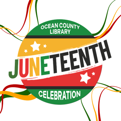 A decorate circle logo with the colors, green, red, yellow and black. The logo states Ocean County Library Juneteenth Celebration with stars and curvy.