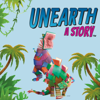 A summer reading graphic of a dinosaur made out of books with a blue background with vines and leaves surrounding it. In the top right hand corner it says Unearth A Story.
