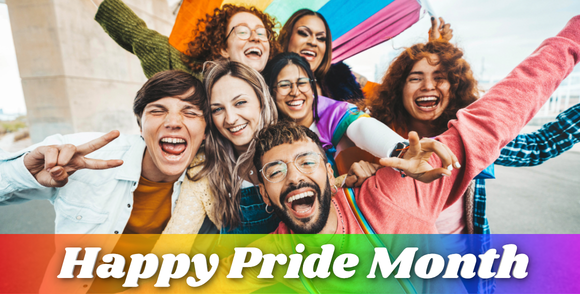 A diverse group of people wearing colorful outfits, embracing with joy and holding a LGBTQIA+ flag with a rainbow banner at the bottom of the photo that reads Happy Pride Month in white bubble letters.