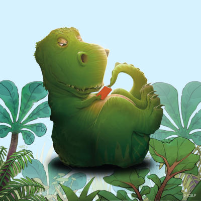 Graphic of big green dinosaur reading a book, flipping the pages with it's tail. Sitting on a vines, leaves and trees with a blue sky background.