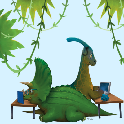 Two green dinosaurs reading and typing at a computer. Light blue background with vines and leaves coming out from the top. 