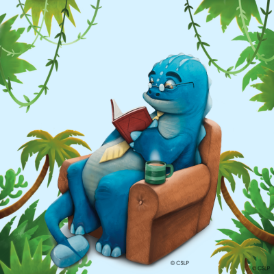 An older looking big blue dinosaur with glasses reading a book with a cup of coffee on a recliner. Sky blue background with vines and leaves outline all sides surrounding the dinosaur.
