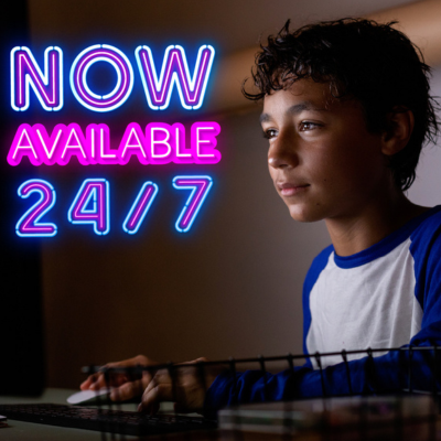 Now Available 24/7 featuring a kid on a computer