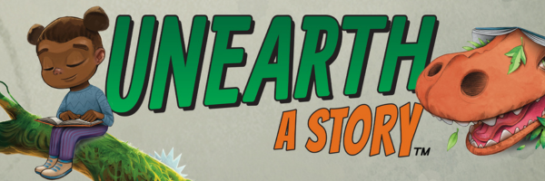 Decorative banner featuring a little girl reading on a branch with an orange dinosaur's head coming out a book with the words 