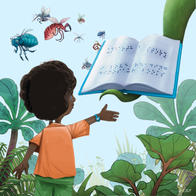 A summer reading graphic with a little kid reaching out to grab a book from a dinosaurs tail with a blue background with vines, tress and bugs surrounding it.