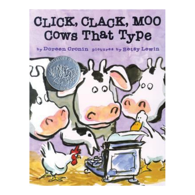 Book cover of three cows and a roaster trying to type on a type writer with a purple background. Title 