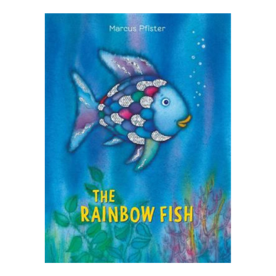 Book cover of a rainbow fish with an under the sea background. Some scales sparkle on the fish. At the top stats 