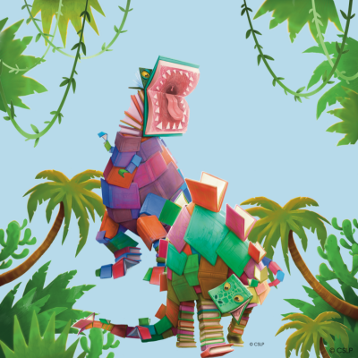 A summer reading graphic of a dinosaur made out of books with a blue background with vines and leaves surrounding it.