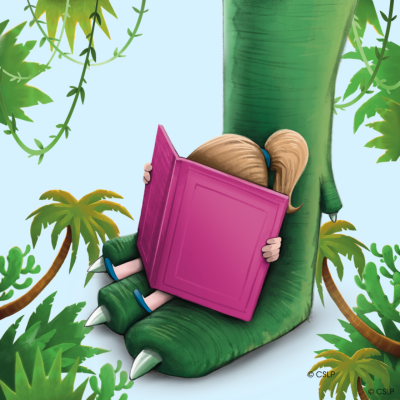 A summer reading graphic with a little girl's face in a big pink book sitting on a green dinosaurs foot with blue background with vines and leaves surrounding it.
