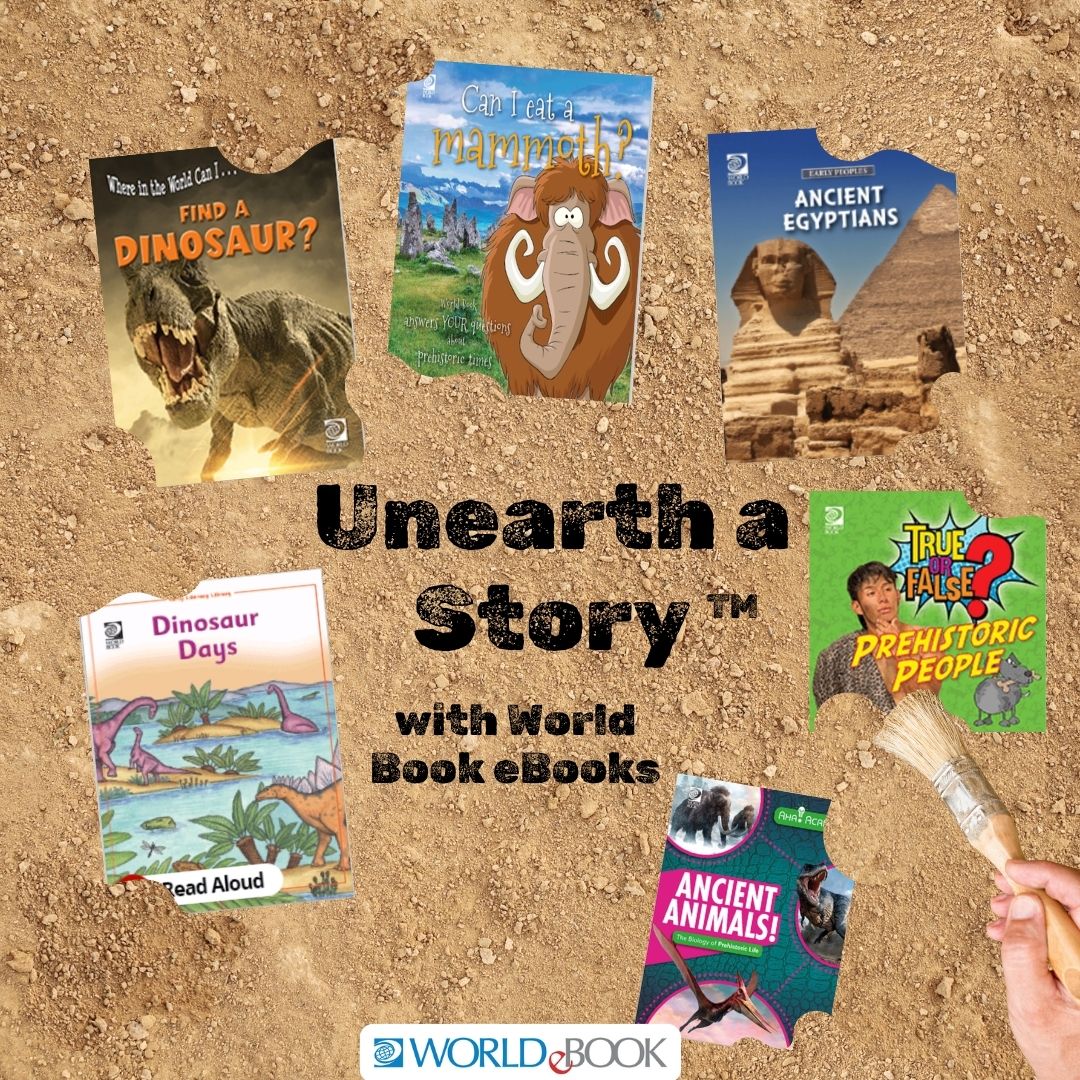 A graphic of a dirt pile with numerous books about dinosaurs surrounding the words 