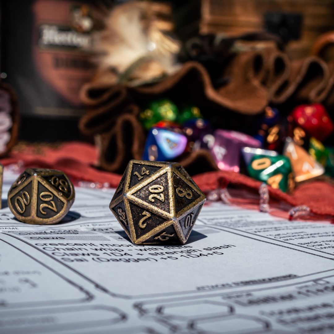 20 sides dice in front with dice bag full of dice in background
