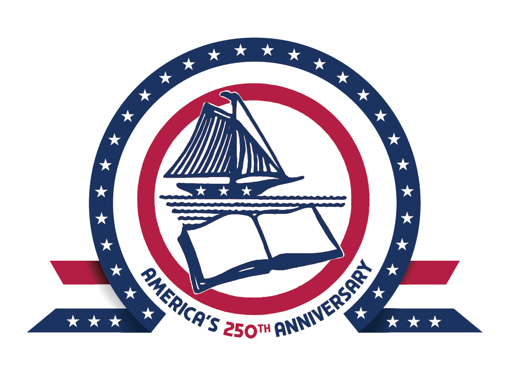 Ocean County Library logo with patriotic stars and stripes around it and says America's 250th Anniversary 
