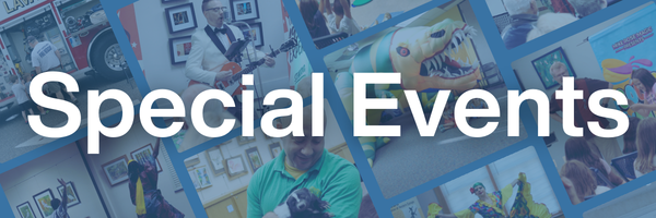 Decorative banner with a variety of images as the background with the saying Special Events. 