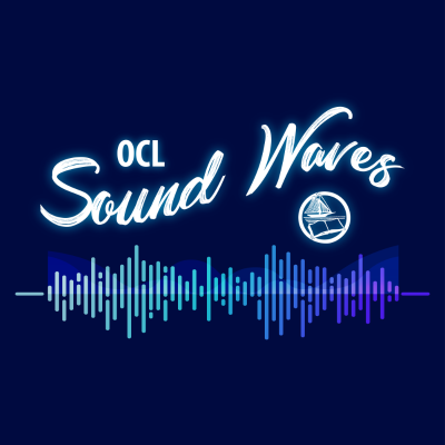 Blue music waves with the saying OCL Sound Waves and featuring the Ocean County Library logo.