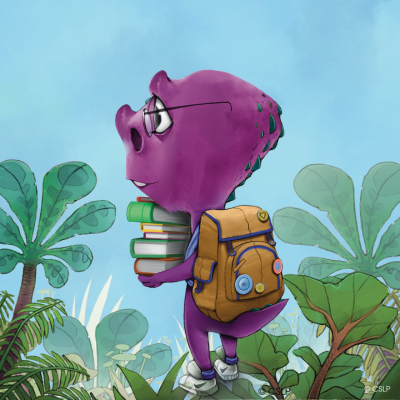 Cartoon style art of purple dinosaur with backpack and stack of books walking through jungle