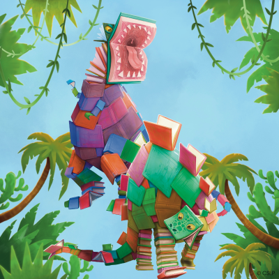 Cartoon style artwork of dinosaurs made of books walking through a jungle setting