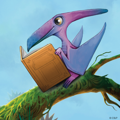 Purple Pterodactyl dinosaur reads a book on a tree branch