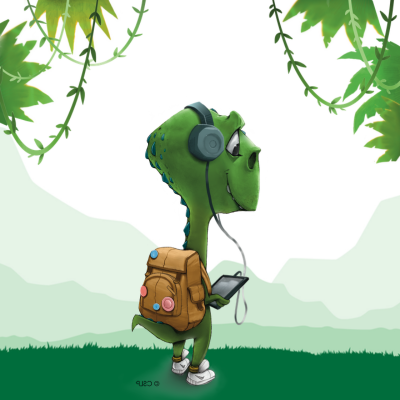 Green dinosaur walking through jungle holding tablet wearing headphones