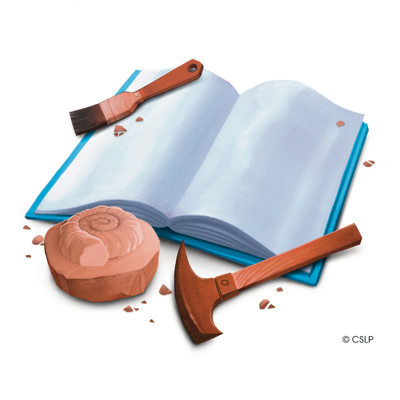 Open book with blue cover with paint brush, hammer, and fossil around