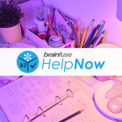 Resource logo over photo of desk with notebook and school supplies with purple lighting